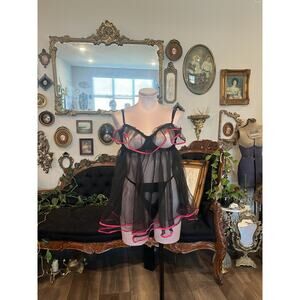 Vintage Y2K Victoria’s Secret Black Sheer Babydoll Set w/ Thong Medium 36c